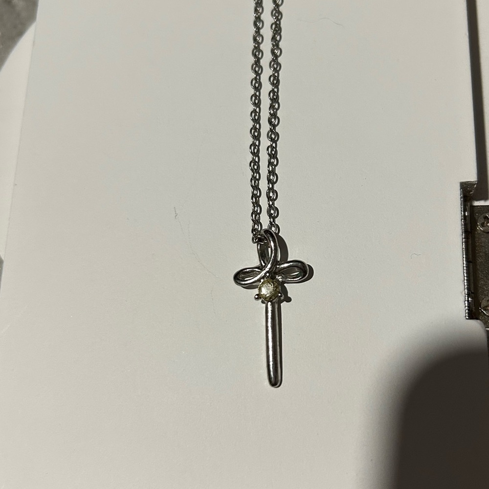 Silver Cross Necklace with Green Stone